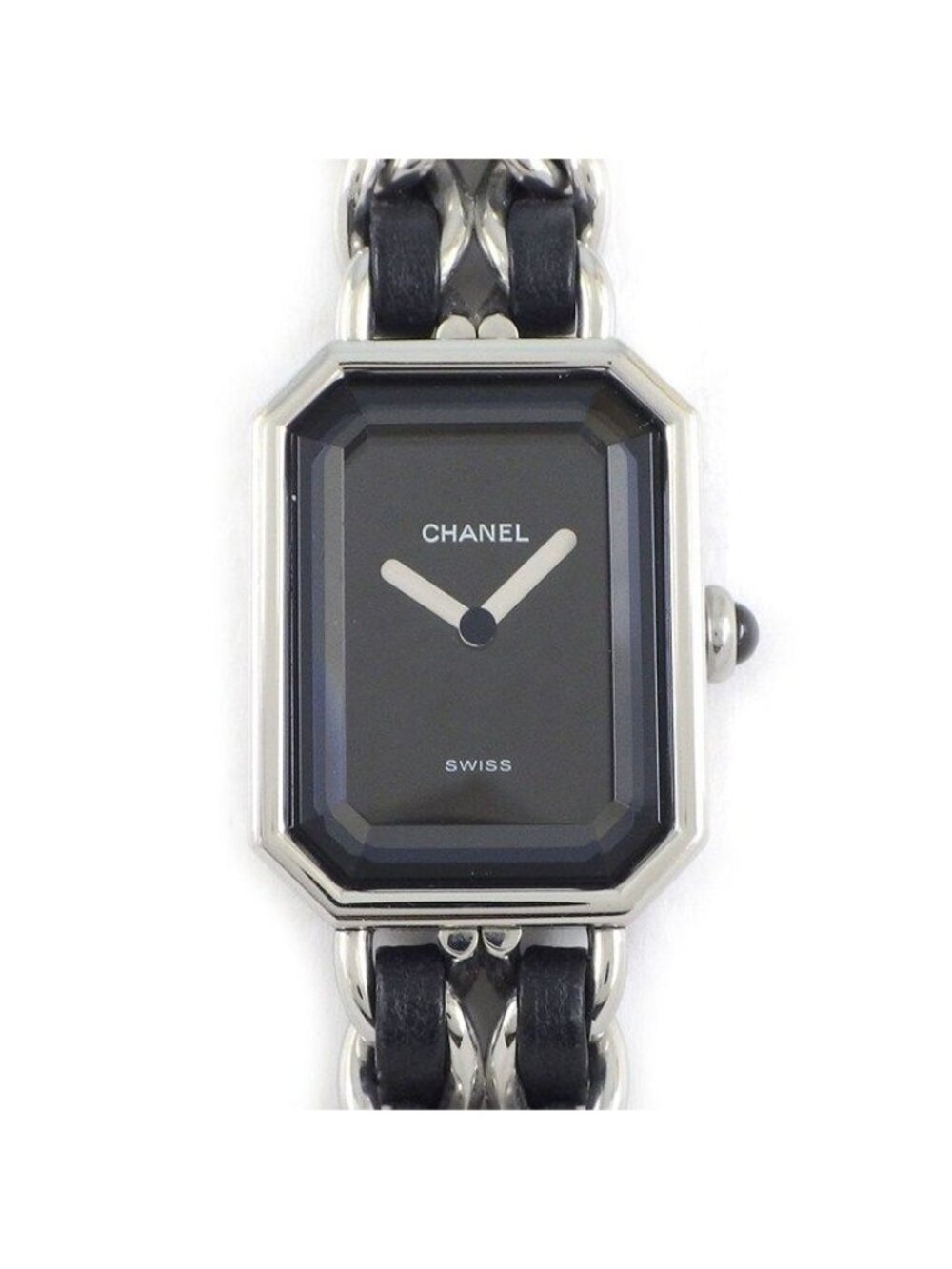 Chanel Watch Premiere M Octagonal Black Dial Chain Bracelet Leather Strap SS